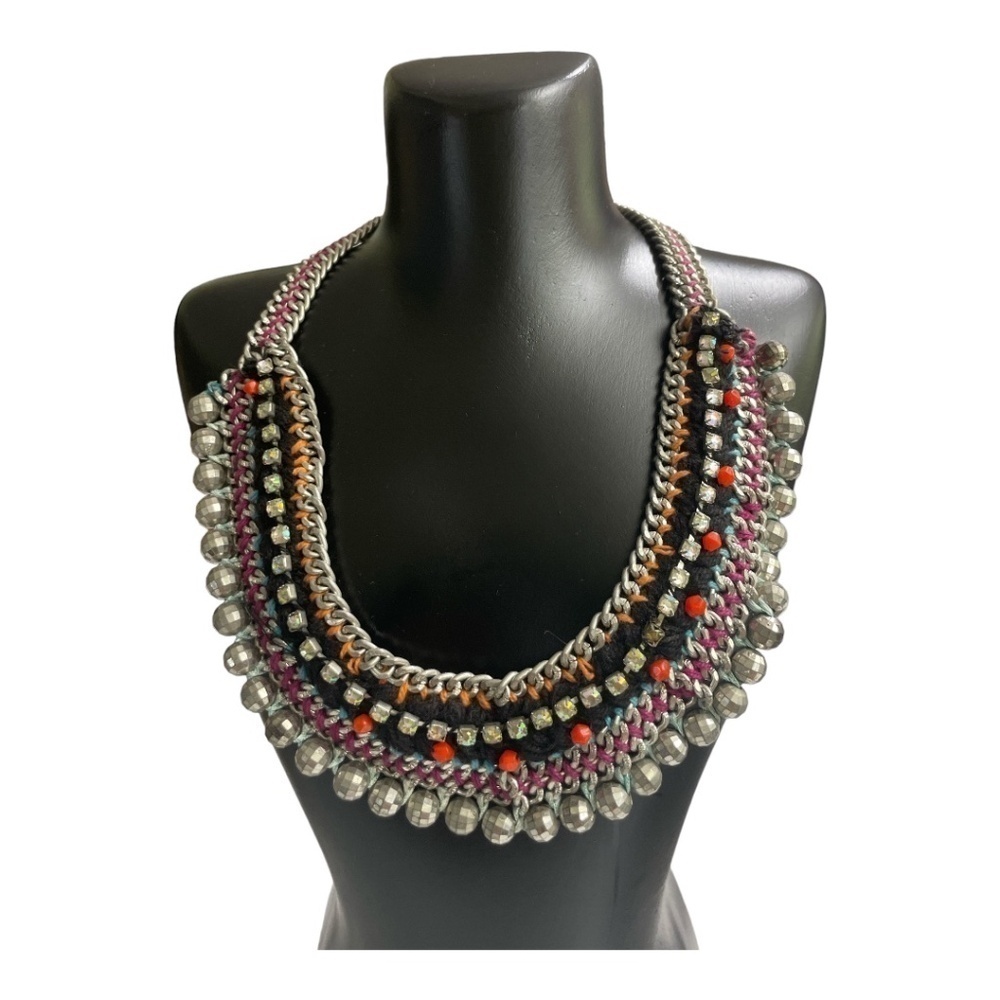 Statement Bib Necklace Mixed Media Chain Beaded Tribal Boho Silver Pink Orange